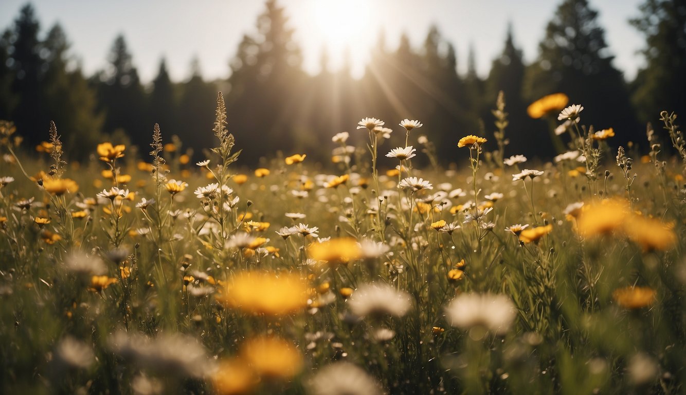 A serene landscape with a peaceful, sunlit meadow surrounded by vibrant, blooming flowers and tall, majestic trees, evoking a sense of tranquility and mental well-being