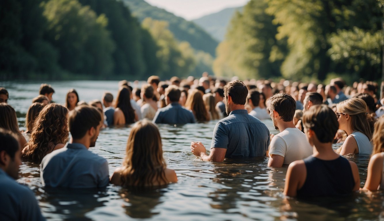 A river flowing with people being immersed in water, symbolizing the act of baptism in various Christian denominations