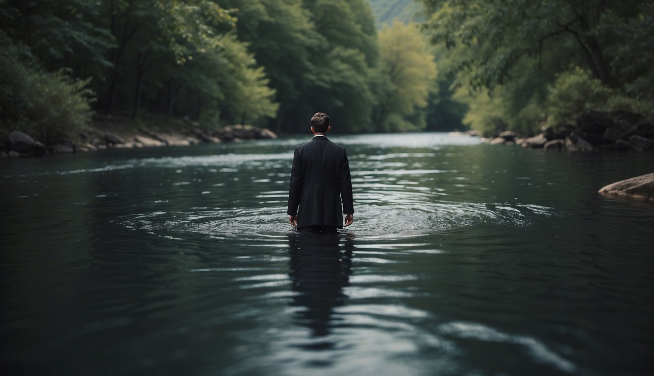 A person standing in a river, being immersed in water by a minister, symbolizing the cleansing and rebirth of the soul in various Christian traditions