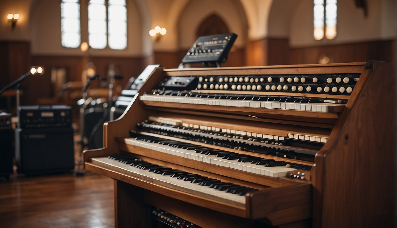 A church organ transitions into a modern band setup with guitars and drums, symbolizing the evolution of worship music from traditional hymns to contemporary praise