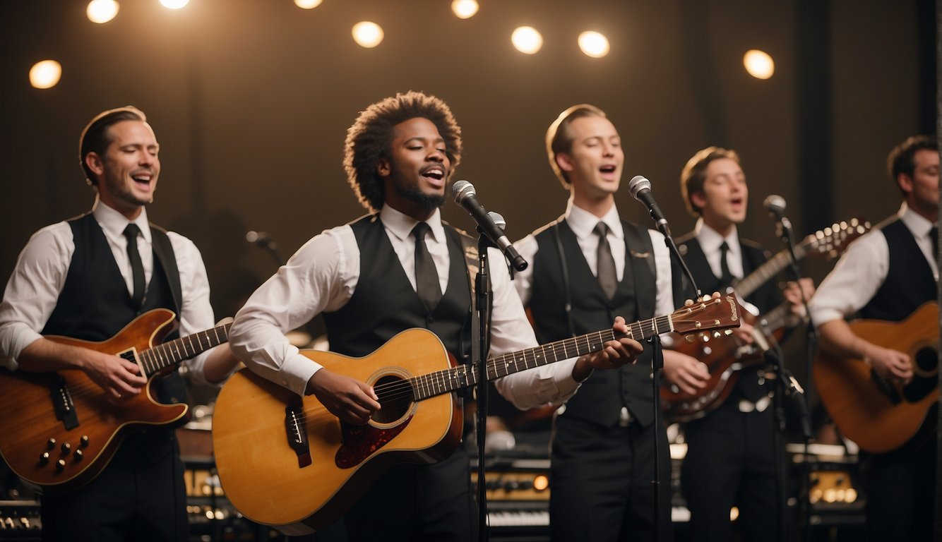 A church choir transitions from singing traditional hymns to performing contemporary praise music, with a mix of guitars, drums, and keyboards