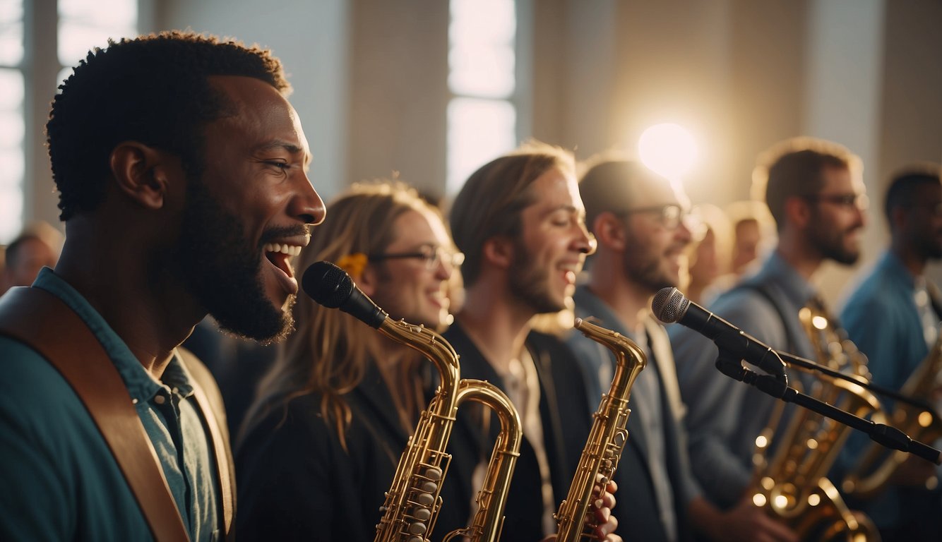 A group of worshippers singing and playing various musical instruments, transitioning from traditional hymns to modern praise songs