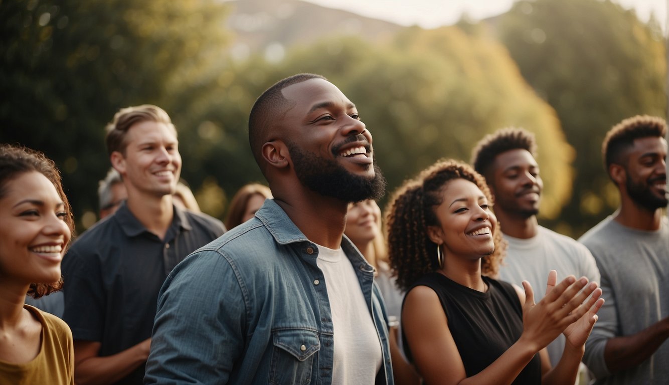 A group of diverse people gather outdoors, singing and playing contemporary worship music, symbolizing the evolution of worship beyond traditional church walls