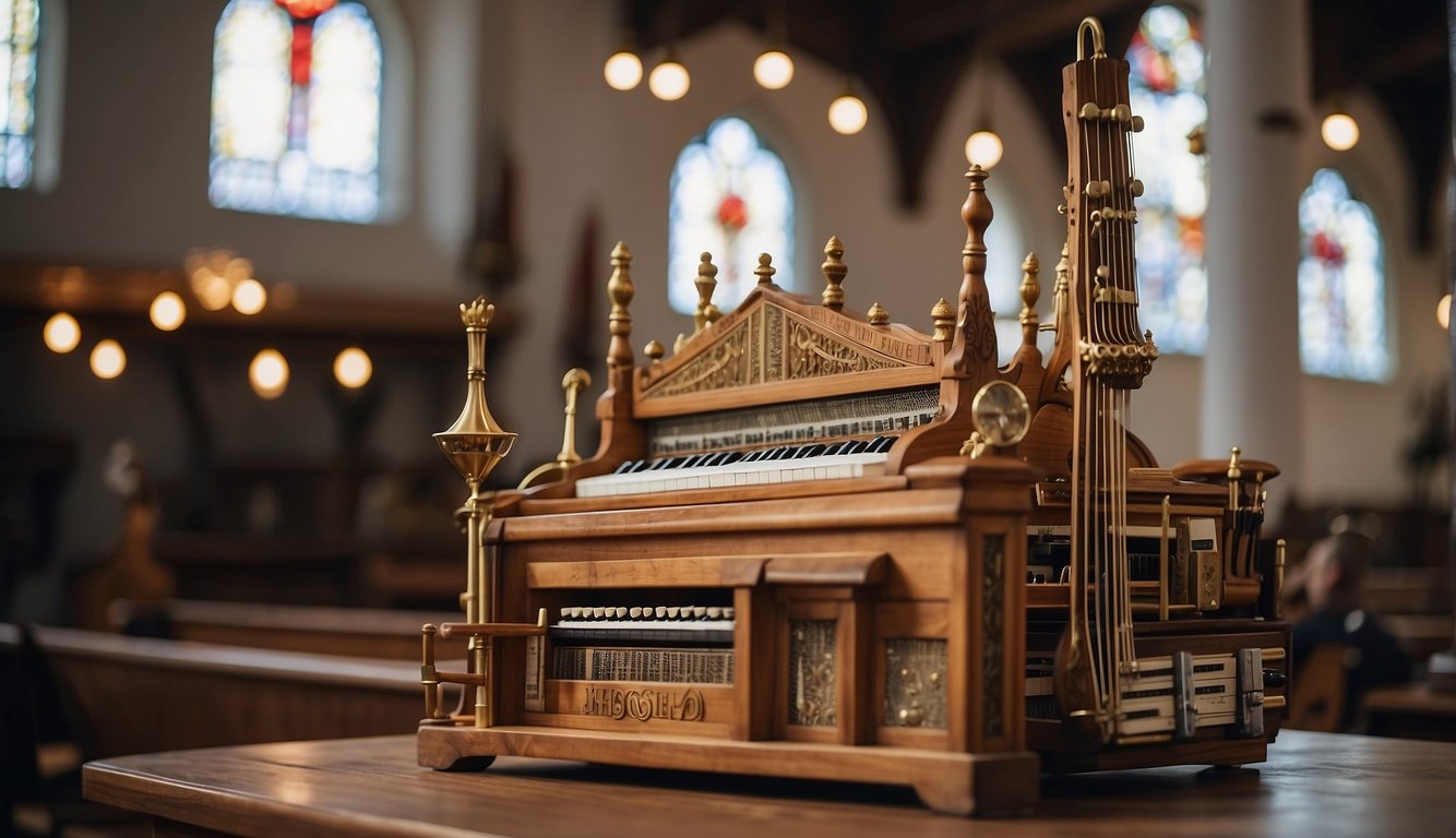 A church building with a mix of traditional and modern musical instruments, symbolizing the evolution of worship music from hymns to contemporary praise