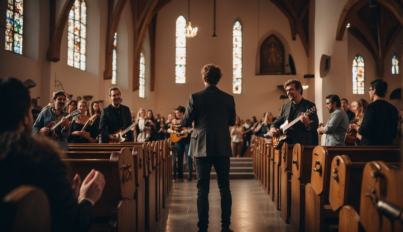 A church with a mix of traditional and modern musical instruments, like an organ and electric guitars, surrounded by worshippers singing and clapping