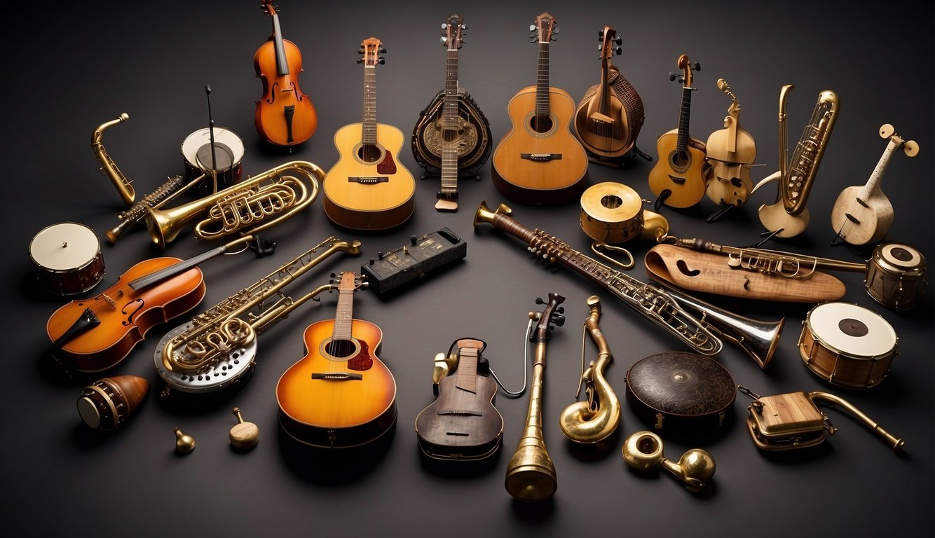 A diverse group of musical instruments from different cultures, including traditional and modern, arranged in a circle, representing the evolution of worship music