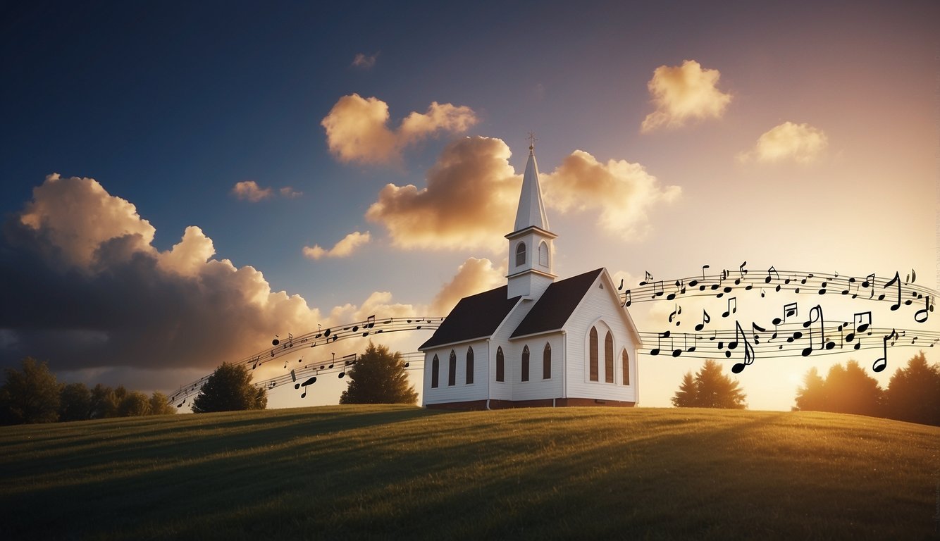 A church steeple with musical notes floating upwards, transitioning from traditional hymns to modern praise