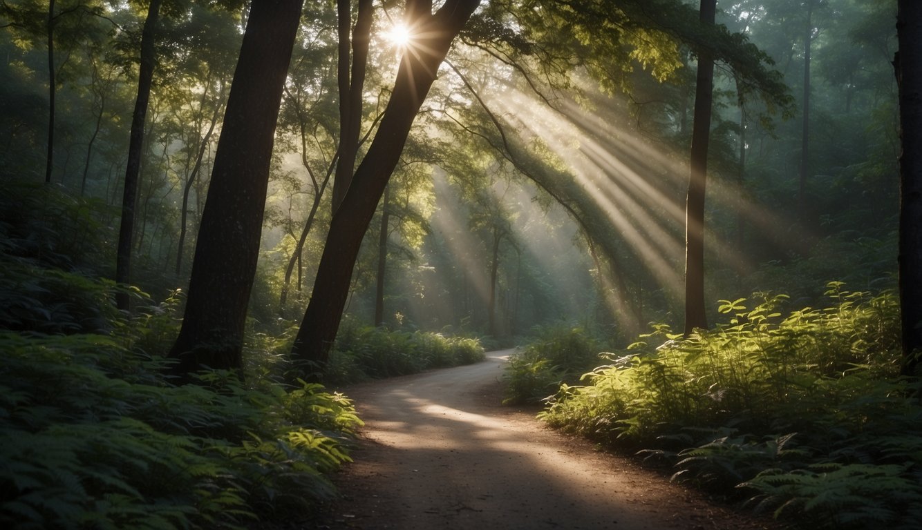 A winding path leads through a dense forest, with shafts of light breaking through the canopy, symbolizing the journey of faith and doubt for believers