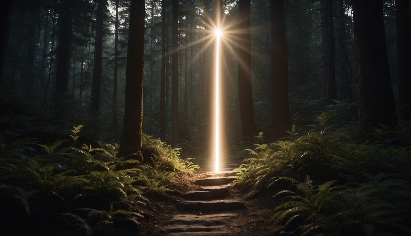 A beam of light cuts through the darkness, illuminating a path through a forest of doubt. A map with the words "faith" and "doubt" sits at the center, guiding believers on their journey