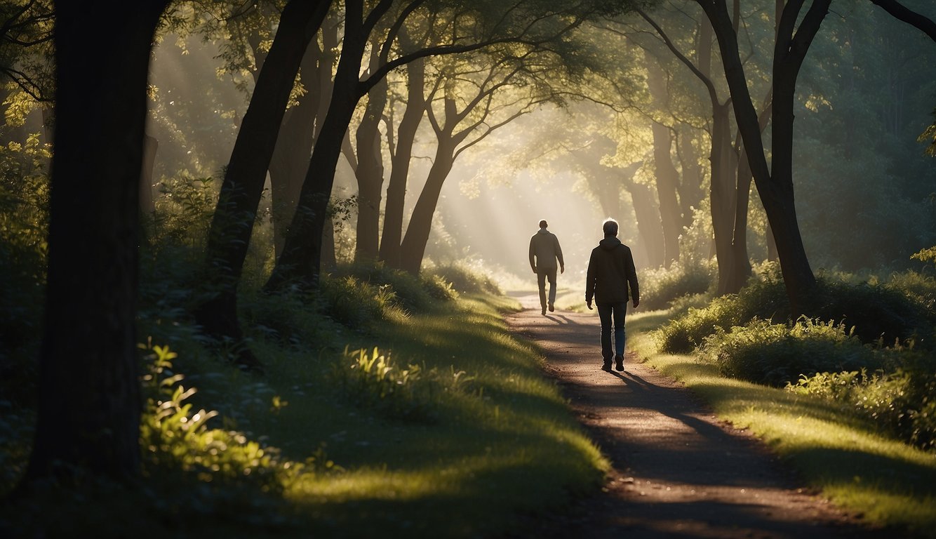 A lone figure walks a winding path, surrounded by towering trees and deep shadows. The journey is marked by moments of clarity and uncertainty, reflecting the ebb and flow of faith and doubt