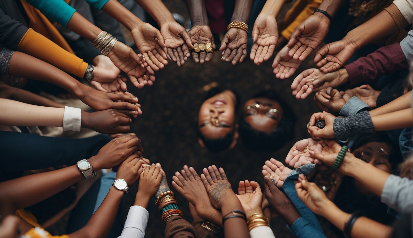 A diverse group of people gather in a circle, symbolizing community and support. They are surrounded by various religious symbols, representing different faiths and beliefs