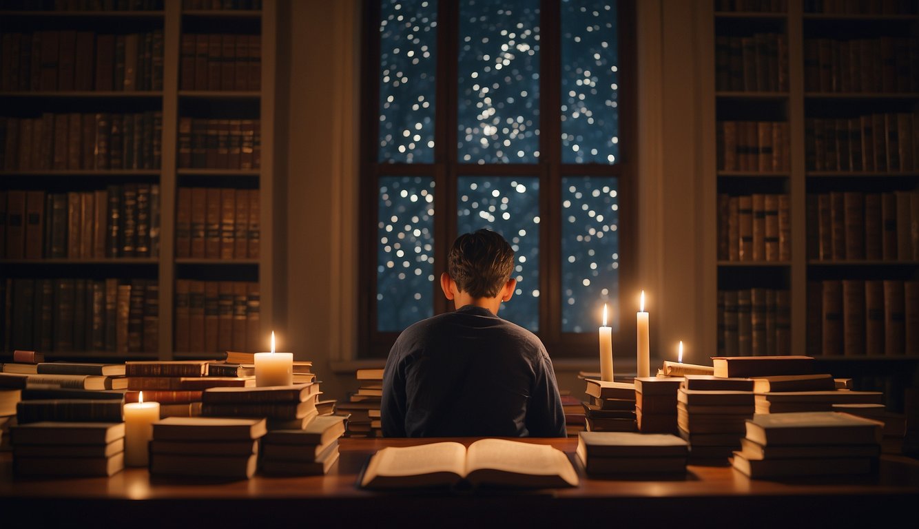 A person sits in a quiet room surrounded by books and a flickering candle, deep in thought as they navigate the complexities of faith and doubt