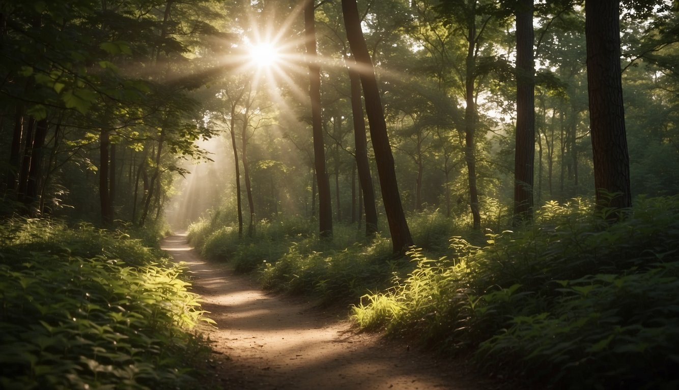 A serene path winds through a forest, with sunlight filtering through the trees, symbolizing the journey of faith and doubt for believers