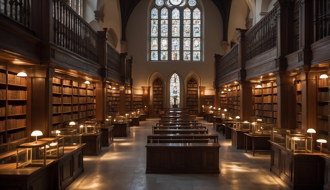 A library filled with ancient texts, with shelves stretching from floor to ceiling. Sunlight streams through stained glass windows, illuminating the works of Augustine, Aquinas, and C.S. Lewis