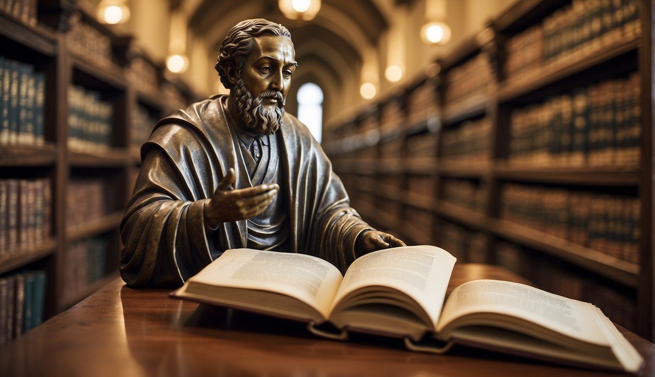 A library filled with ancient texts, a statue of Augustine, and a book open to a passage from C.S. Lewis