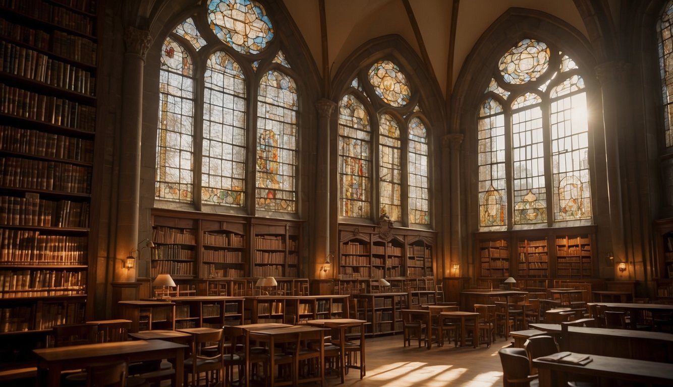 A library with shelves filled with books by Christian thinkers from Augustine to C.S. Lewis. Sunlight streams in through stained glass windows, casting a warm glow over the room