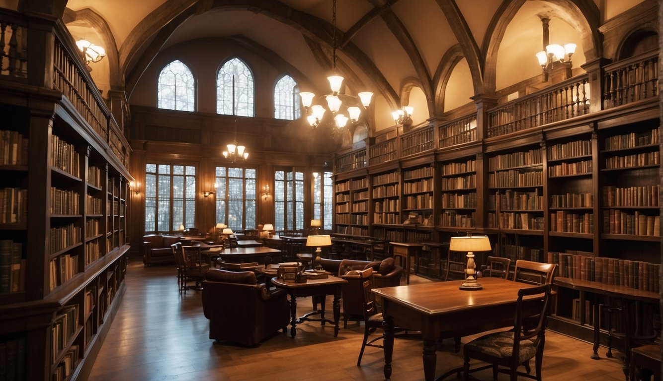 A library with shelves filled with books by Christian thinkers and writers, from Augustine to C.S. Lewis, with a warm, inviting atmosphere