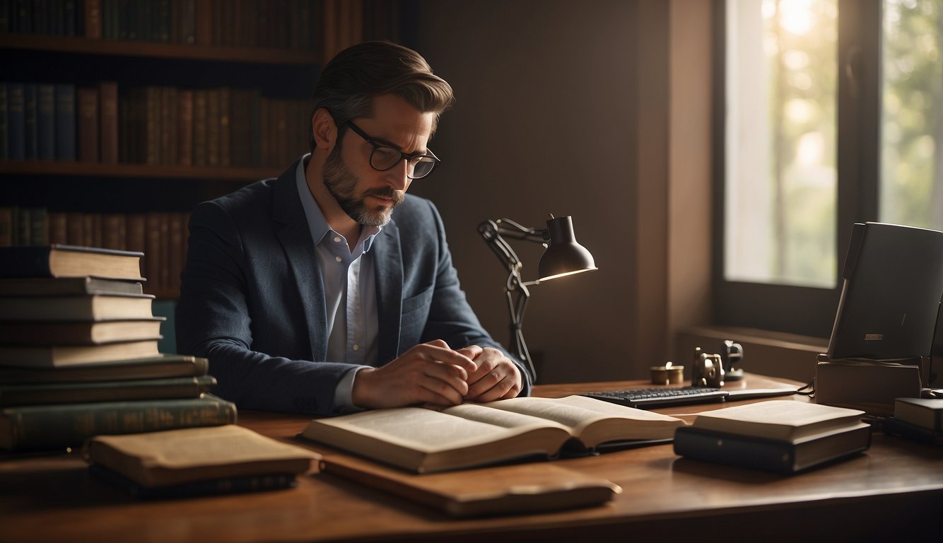 A modern person sitting at a desk with an open Bible, surrounded by various study materials and technology, pondering and interpreting the text