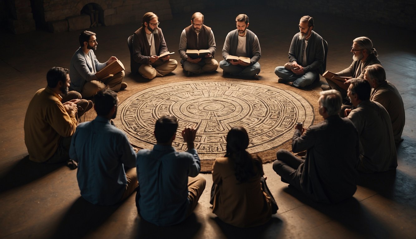 A group of people sitting in a circle, discussing and analyzing ancient scriptures with modern tools like laptops and tablets