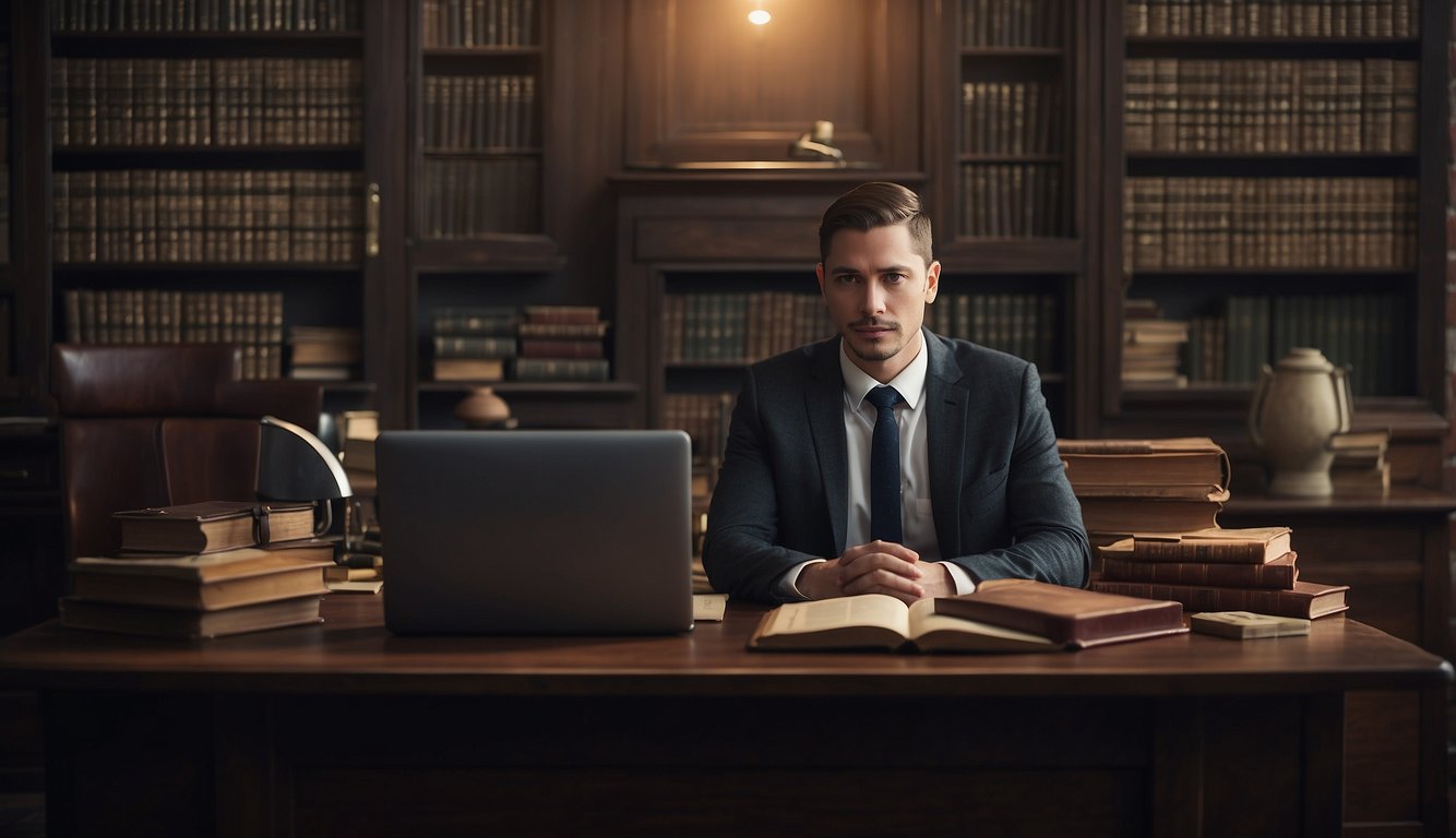 A person sitting at a desk, surrounded by various versions of the Bible, with a laptop open and a thoughtful expression on their face