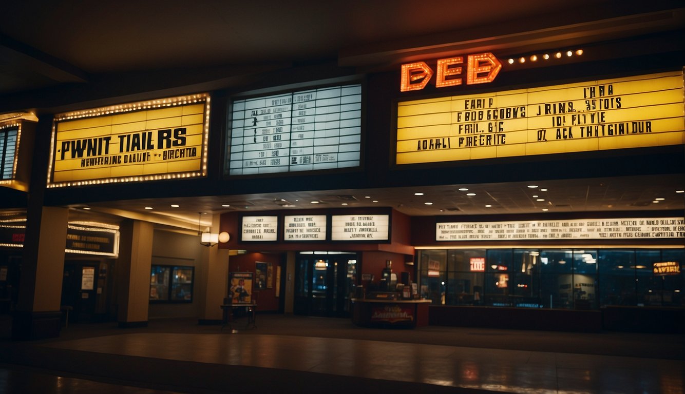 A movie theater marquee displays titles of popular Christian films, surrounded by positive reviews and analysis