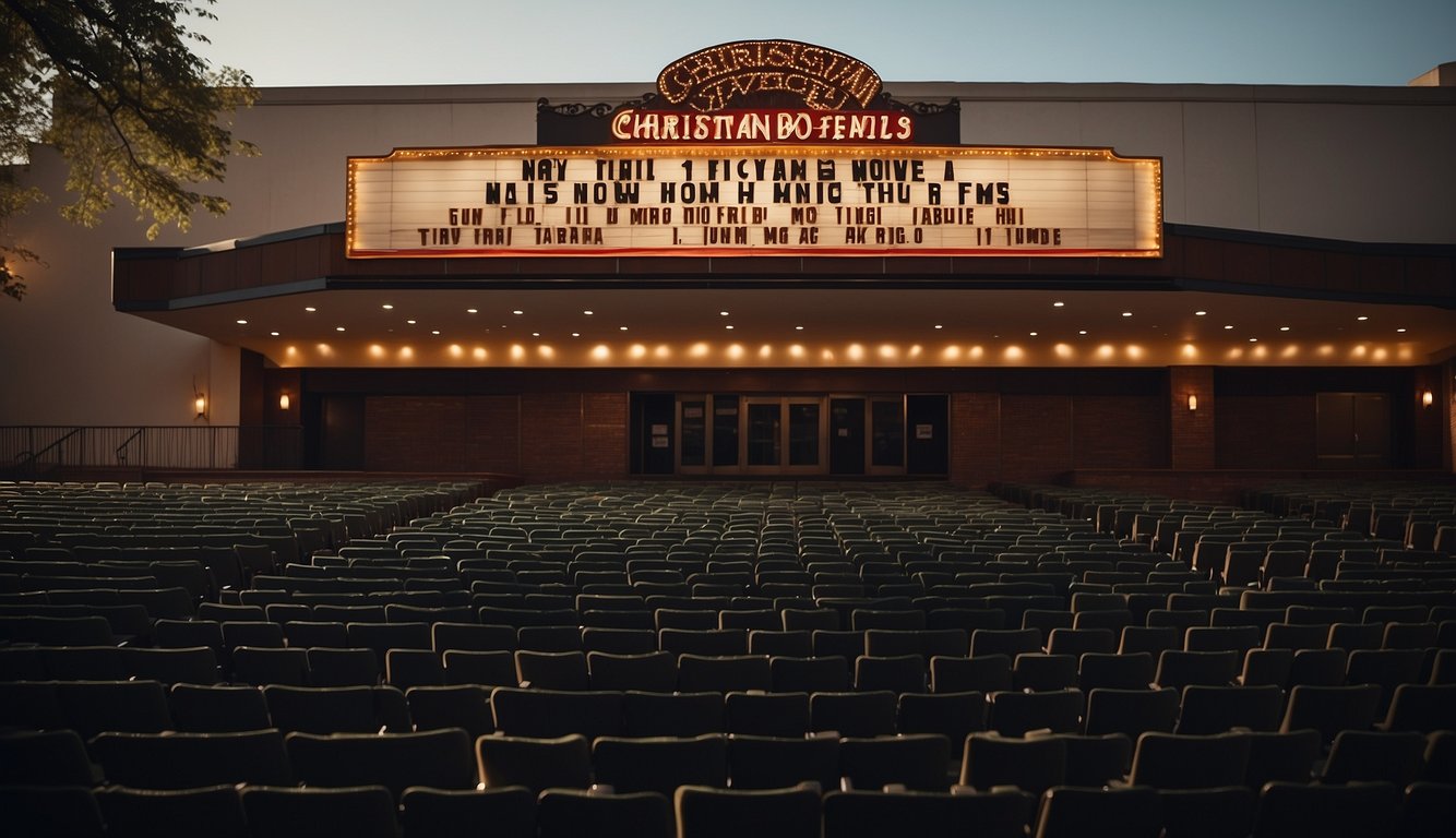 A movie theater marquee displays titles of Christian films, while audiences line up for tickets