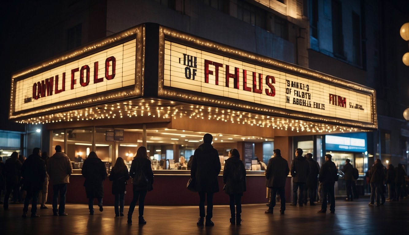 A movie theater marquee displays titles of popular faith-based films, with a crowd of people lining up to buy tickets