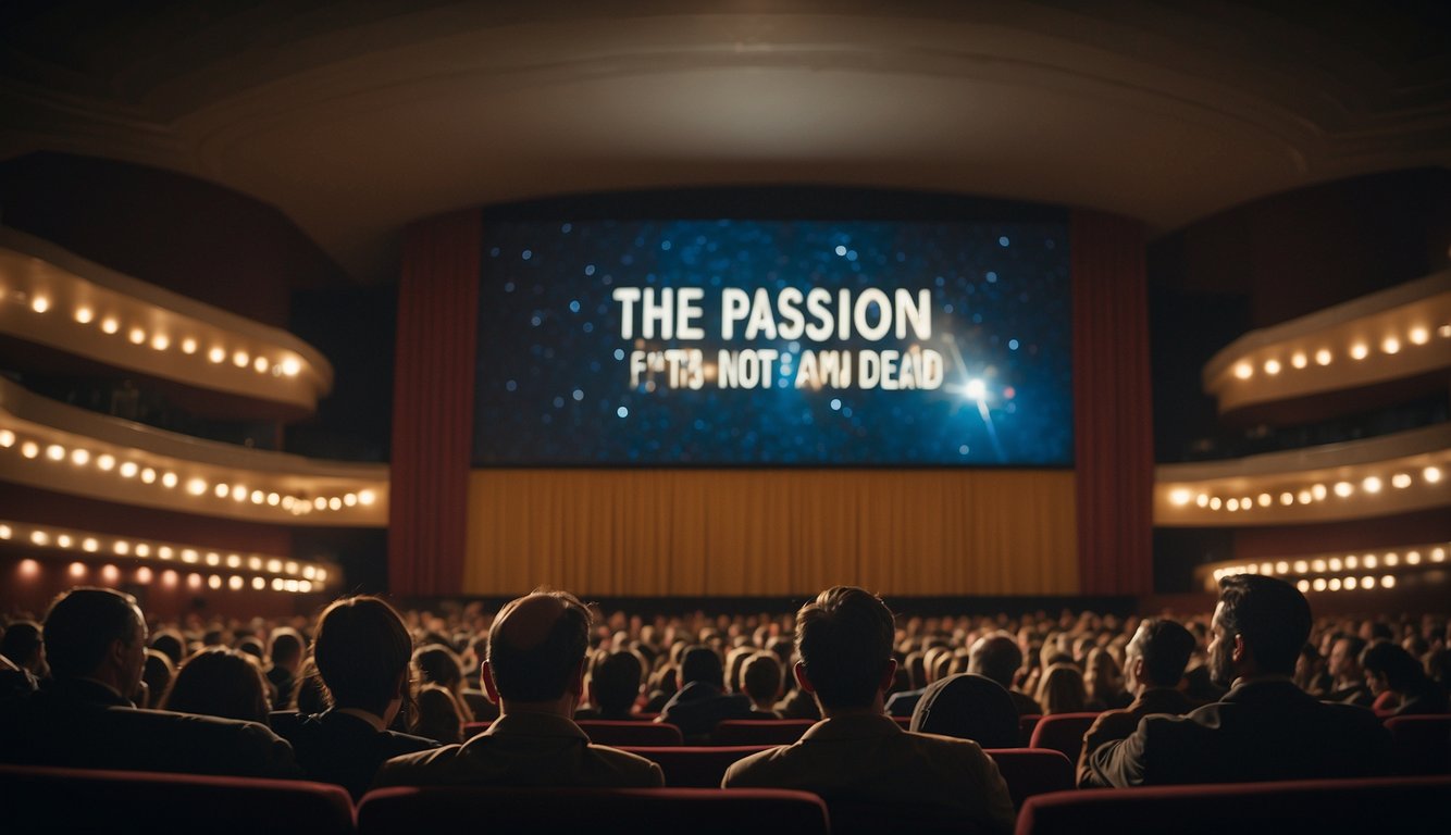 A movie theater marquee displays titles like "The Passion of the Christ" and "God's Not Dead," while a diverse audience reacts emotionally to the films