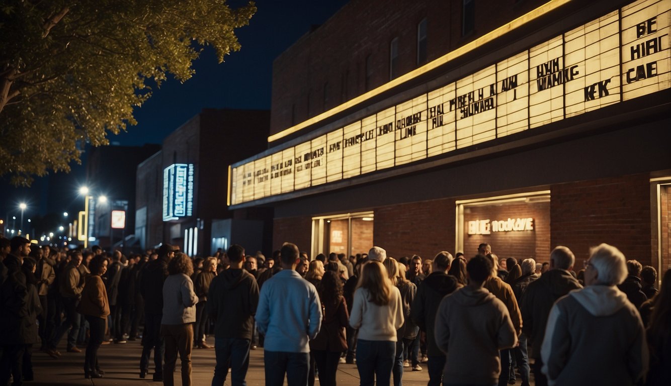 A bright spotlight shines on a movie theater marquee displaying titles of popular Christian films. A crowd of diverse moviegoers eagerly line up outside, excitedly discussing the latest releases