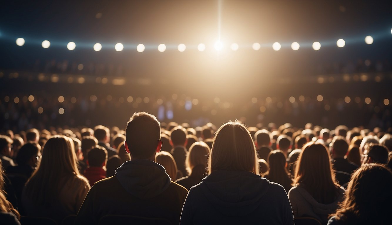 A crowd listens as a person shares their Christian testimony, capturing attention and sparking curiosity. Light shines on the speaker, illuminating the impact of their words