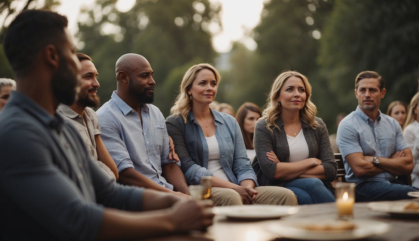 A group of people gathered, listening intently as a person shares their personal story of transformation through faith. The atmosphere is filled with emotion and conviction, as the listeners are moved by the power of the testimony