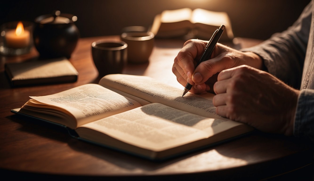 A person writing a testimony with a Bible open and a pen in hand, surrounded by a warm and inviting light