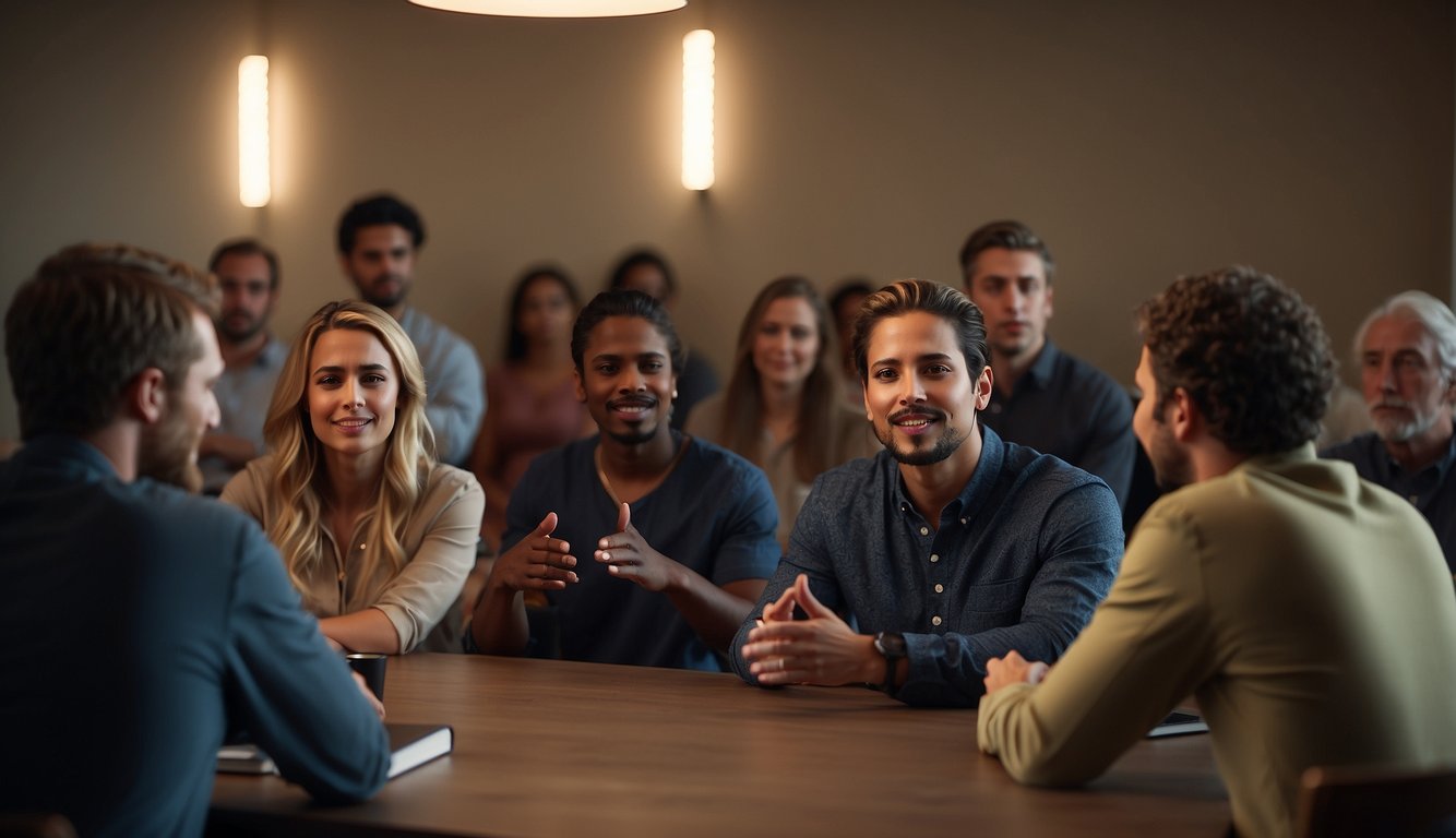 A person sharing their testimony to a group, with listeners engaged and moved by the story. The scene is filled with emotion and connection