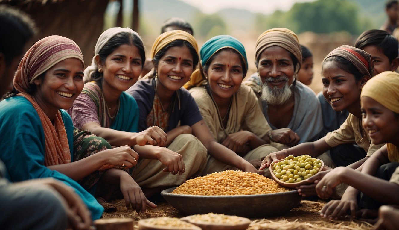 A group of people from different cultures and backgrounds come together to address global poverty and hunger through various initiatives and programs