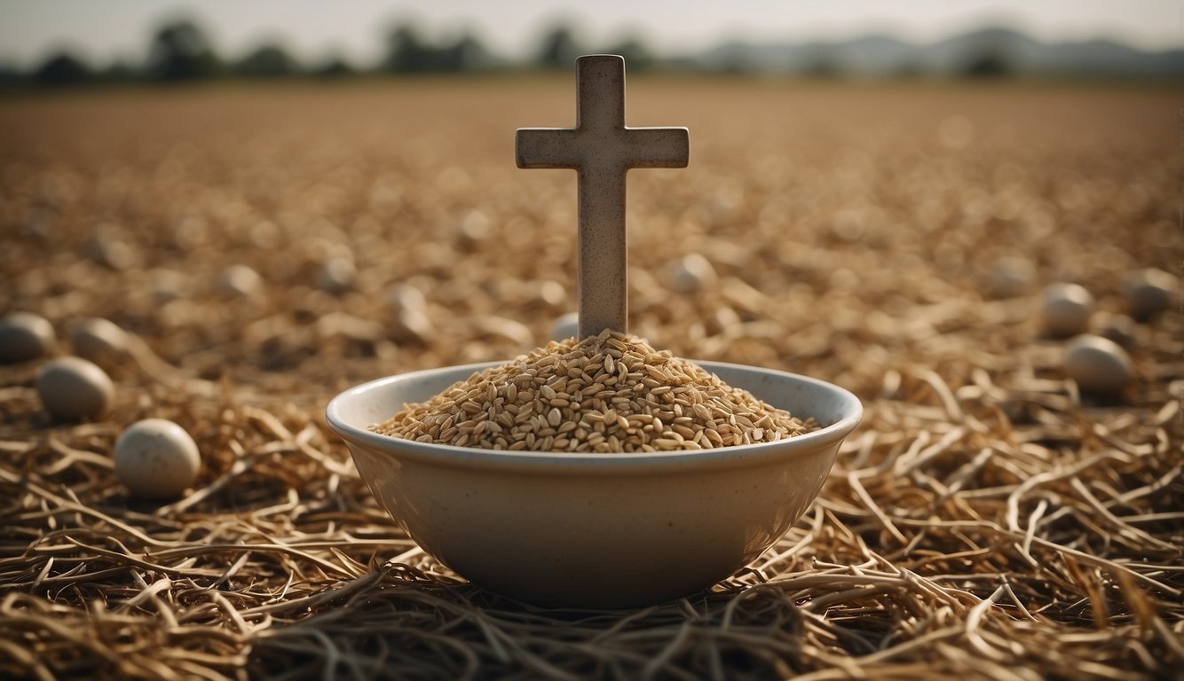 A barren field with wilted crops, a globe surrounded by empty bowls, and a cross symbolizing Christian response