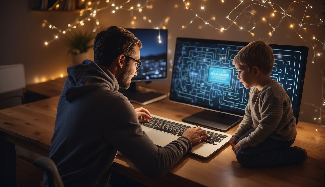 A parent guiding a child through a maze of digital devices, balancing screen time with family activities and teaching Christian values