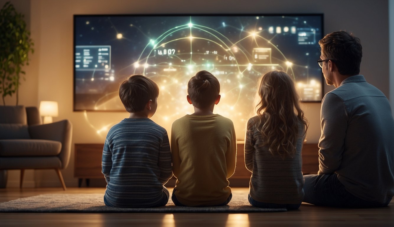 A family gathered around a glowing screen, facing both challenges and rewards of Christian digital parenting