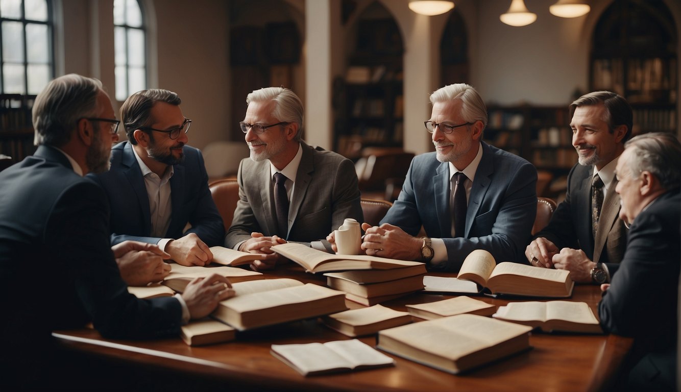 A group of modern Christian leaders and influencers engage in deep theological discussions, surrounded by books and symbols of faith