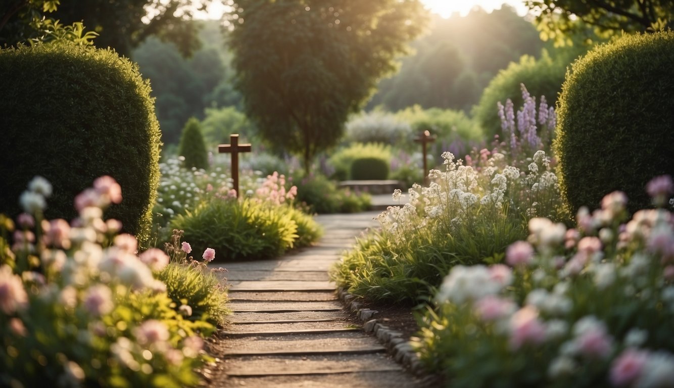 A serene garden with a path leading to a glowing cross, surrounded by blooming flowers and a peaceful atmosphere