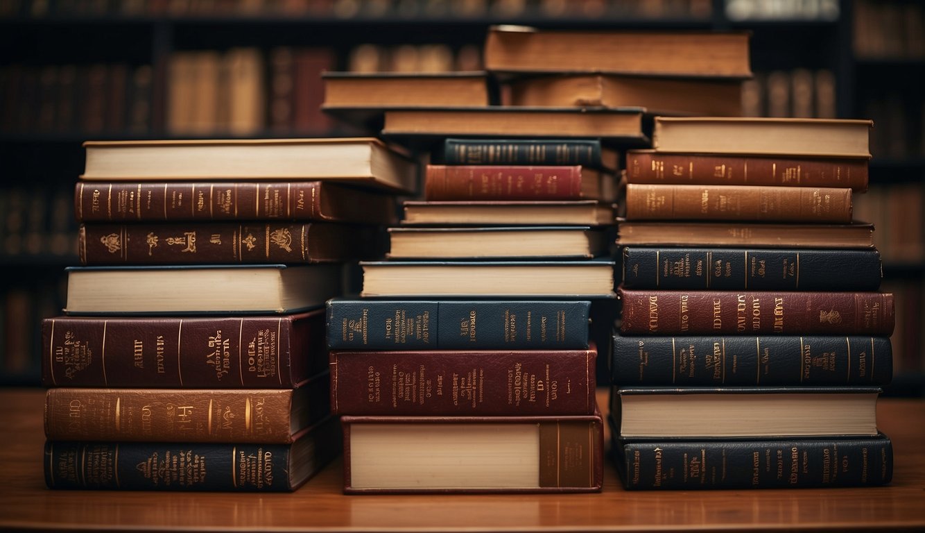 A stack of Bibles in various languages, open to different passages, surrounded by dictionaries and language textbooks