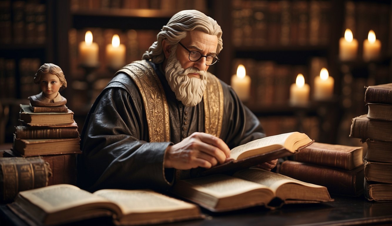 A figure studies various Bible translations, surrounded by open books and scrolls, deep in thought