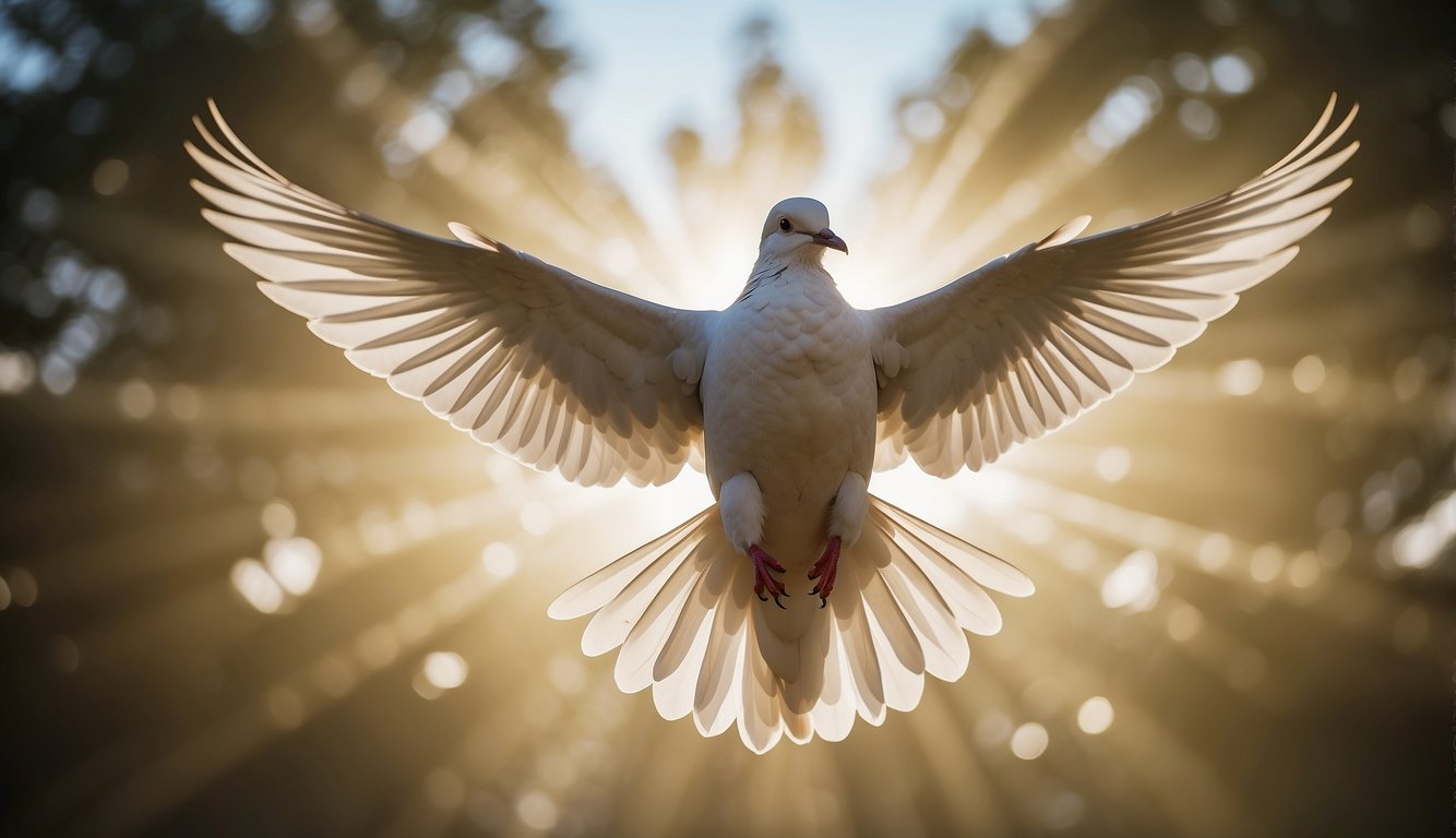 A dove descends, surrounded by radiant light, filling a believer with peace and empowerment