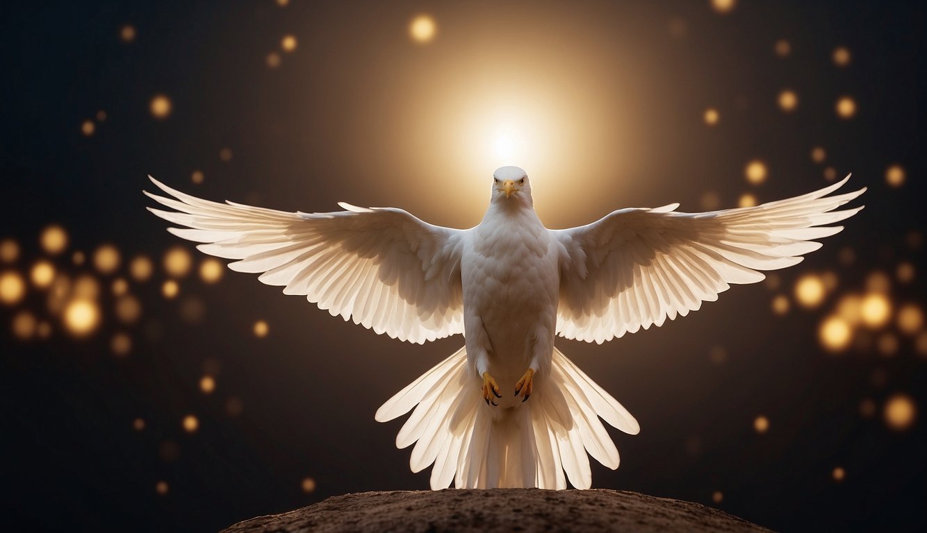 The Holy Spirit descends as a guiding light, illuminating the path of believers. Its presence is felt through a gentle breeze and a sense of peace and comfort