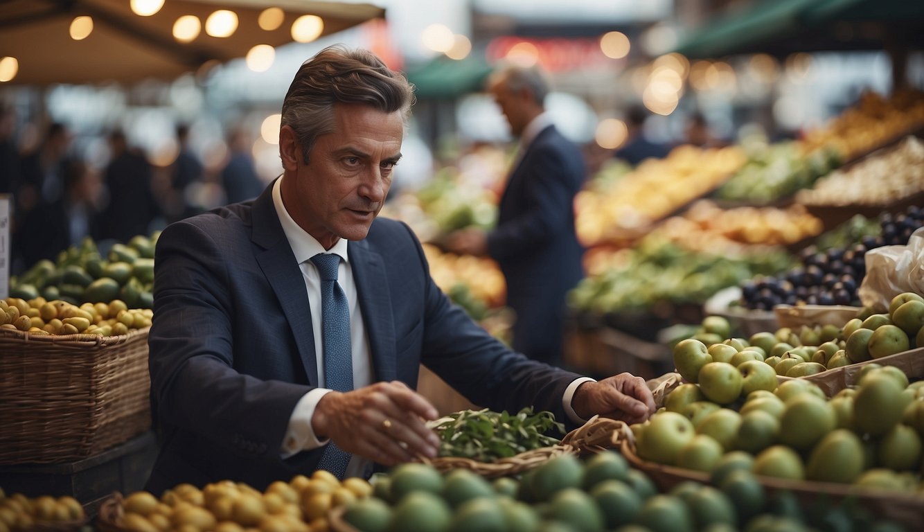 A businessman making ethical decisions in a bustling marketplace, balancing wealth management with Christian values