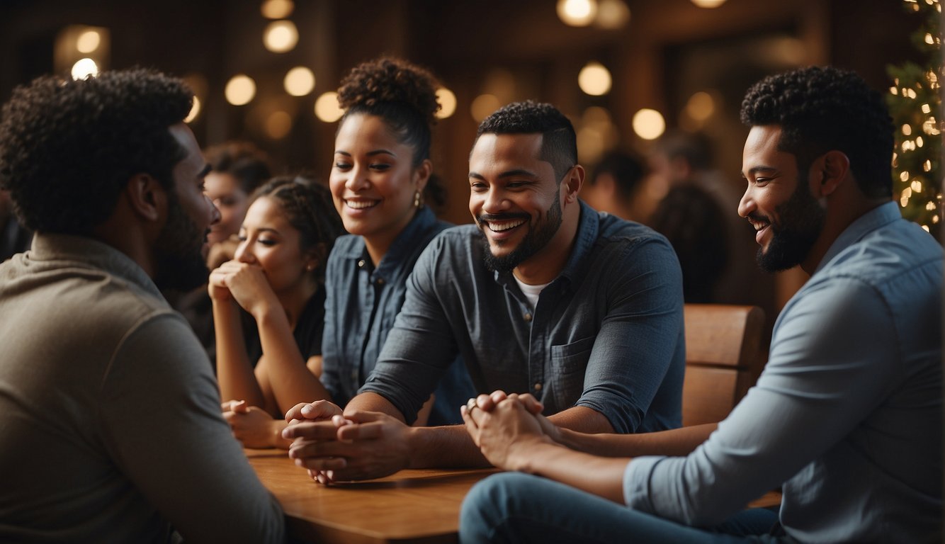 A group of diverse people engage in conversation and prayer, connected through social media platforms. They share their faith, support one another, and build a sense of community despite physical distance