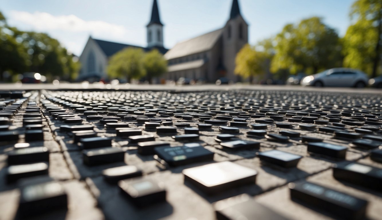 A local church stands surrounded by bustling online platforms, symbolizing the contrast between physical and virtual Christian fellowship