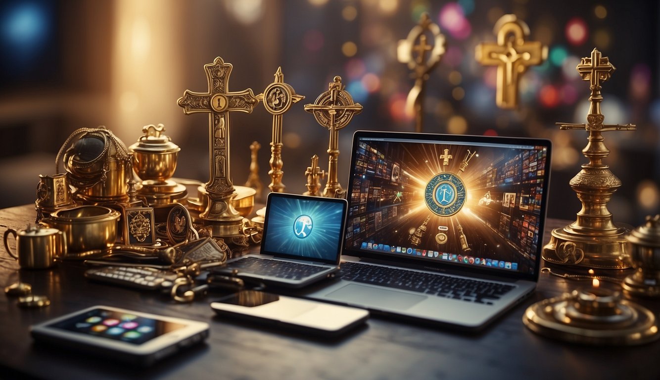 A group of Christian symbols and icons surrounded by digital devices, representing the intersection of social media and faith