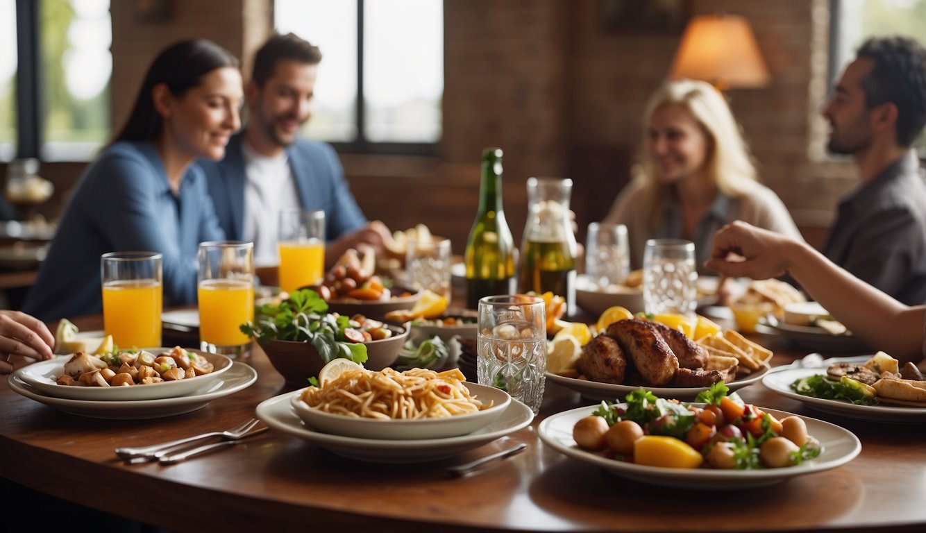 A table set with a variety of dishes and drinks, surrounded by diverse individuals engaged in conversation, representing the challenges and boundaries in hospitality and its impact on evangelism