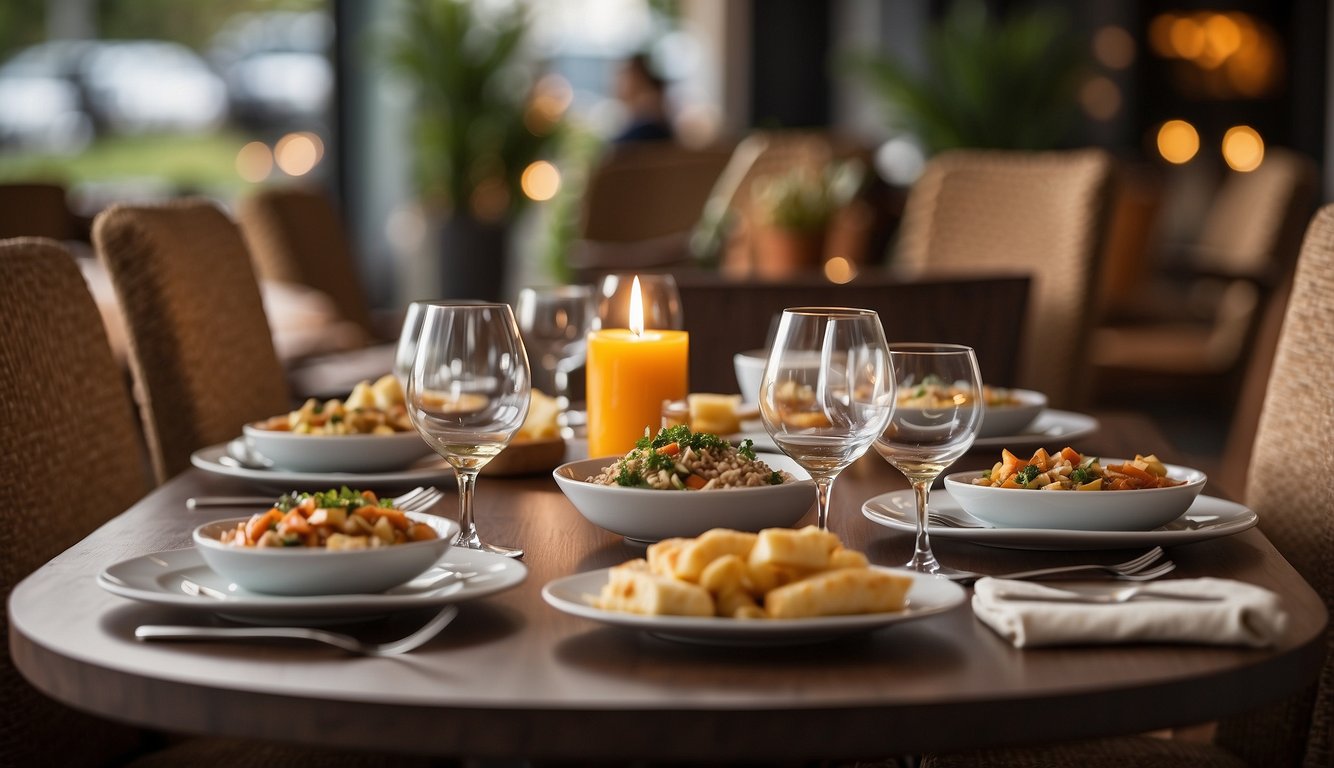 A table set with a warm meal, surrounded by open chairs and a welcoming atmosphere