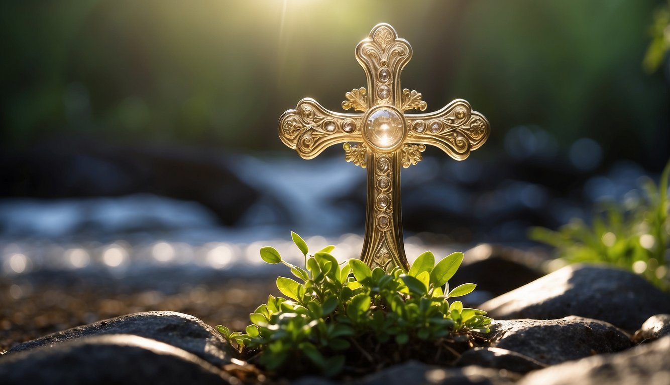 A glowing cross surrounded by symbols of life, such as a sprouting seed, a blooming flower, and a flowing river